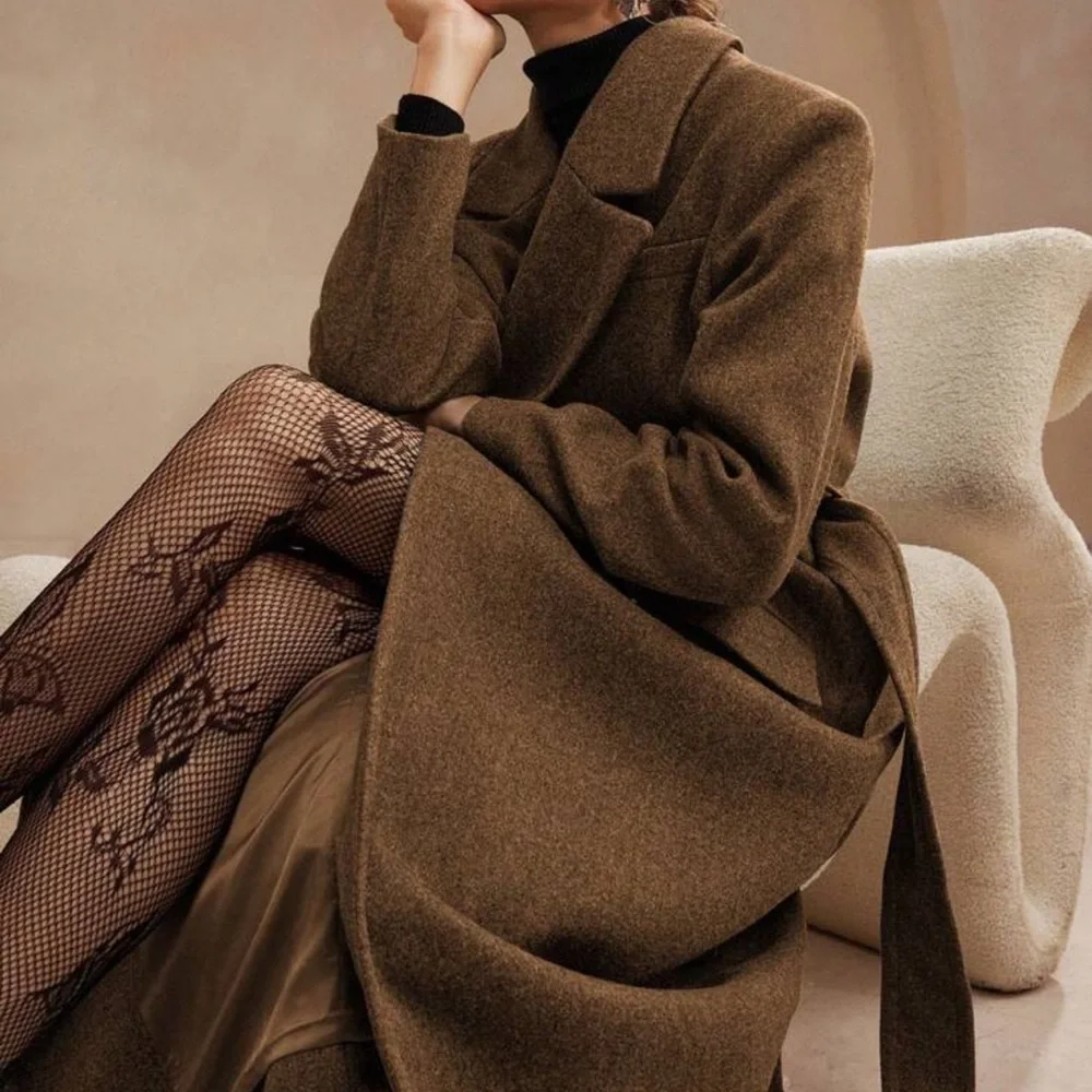 Luxury Long Pea Coat Belted Jacket dark Brown - Picture 3 of 13